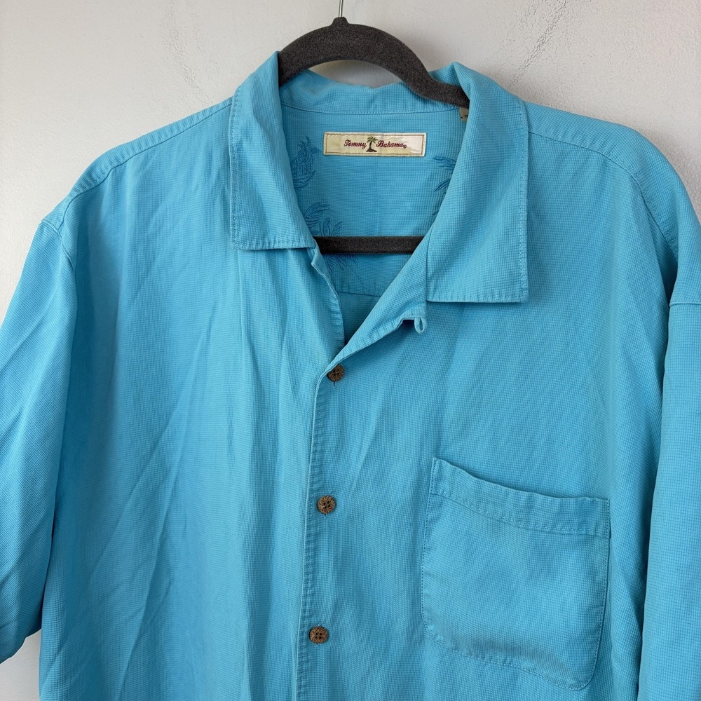 Tommy Bahama Shirt Mens XL Blue 100% Silk Camp‎ Short Sleeve Button Up Casual